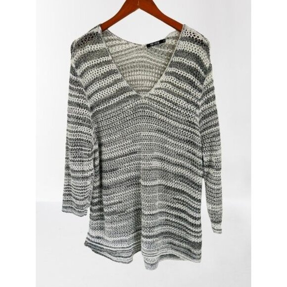 NIC + ZOE Open Knit Sweater V-Neck Tunic Gray White Oversized Sweater Size 2X - Picture 1 of 8